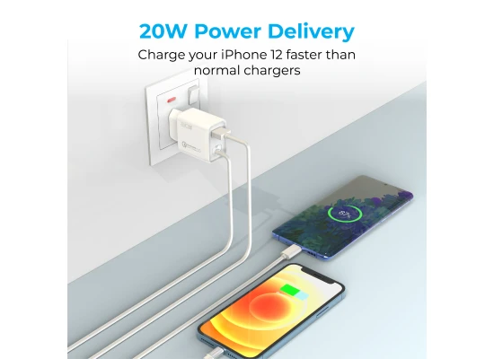 Promate iCharge-PDQC3 Fast Charging 20W Power Delivery Wall Charger with 1.5m Lightning Cable